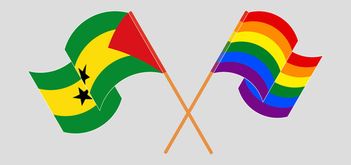 Crossed and waving flags of Sao Tome and Principe and LGBTQ