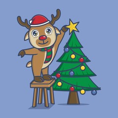 cute cartoon reindeer putting star on christmas tree. vector illustration for mascot logo or sticker