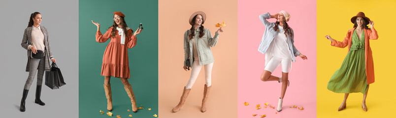 Set of stylish young woman in autumn clothes on color background