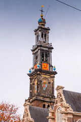 Fototapeta na wymiar The Westerkerk, a Reformed church within Dutch Protestant Calvinism in Amsterdam, Netherlands.