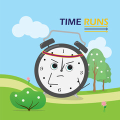 Time runs poster with an image of a running clock with a bandana. The sky has clouds, there is trees and flowers in the background. Time passes by, seize the opportunity, enjoy life. 