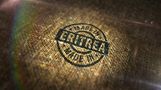 Made in Eritrea sign stamp on natural linen sack. Factory, manufacturing and coffee production country 3D rendered design abstract concept. Looped and seamless animation.
