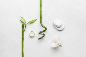 Spa stones with bamboo branches, candle and flower on white background