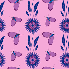 Seamless pattern, endless texture - stylized flowers and moths. Wallpapers, textiles, packaging