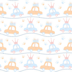 Toy cars in delicate colors. Children's pattern with cars and crowns. Ideal for bedding, clothing, textiles, cards, invitations, books and stationery
