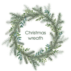 Christmas wreath illustration. Merry Christmas greeting card. Watercolor holiday illustration. 