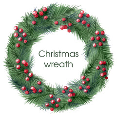 Fototapeta na wymiar Christmas wreath illustration. Merry Christmas greeting card. Watercolor holiday illustration. 