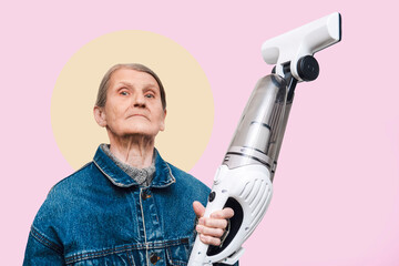 Modern pensioner in a denim jacket with cleaning equipment.