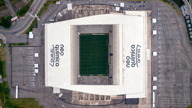 S&atilde;o Paulo, Brazil - 11, 2021: Arena Stadium of the Sport Club Corinthians Paulista football team in S&atilde;o Paulo, in Itaquera. Aerial view captured from the drone. Top view