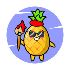 Pineapple painter cartoon character with hat and a brush to draw   cute style design for t-shirt, sticker, logo element for t-shirt, sticker, logo element