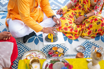 Indian pre wedding ceremony ritual items close up
