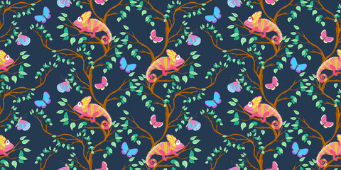 Vector seamless tropical pattern with chameleon, butterflies and tree branches. Tropical chameleon pattern. Tropical print for the nursery