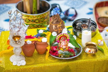 Indian pre wedding Ganesh pooja ceremony close ups