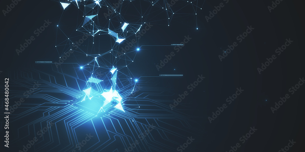 Fototapete Creative blue circuit with polygonal pattern on dark background with mock up place. AI and hardware concept. 3D Rendering.