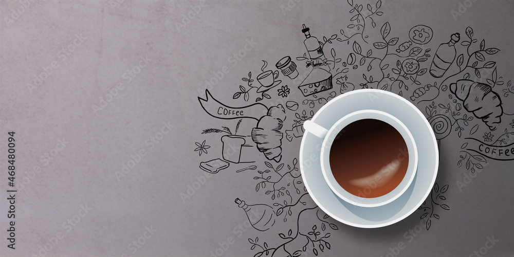 Poster top view of coffee cup on grey background with food sketch and mock up place. breakfast concept.