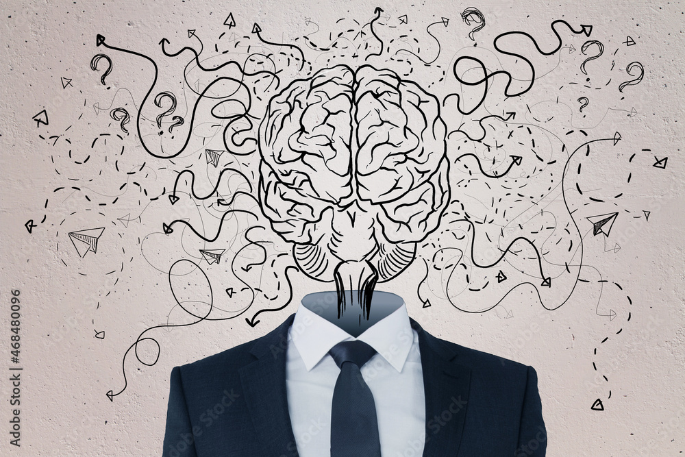 Poster Abstract businessman with brain head on concrete wall background with arrows and thought icons sketch. Solution, direction, success and brainstorm concept.