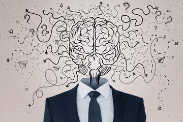 Abstract businessman with brain head on concrete wall background with arrows and thought icons...