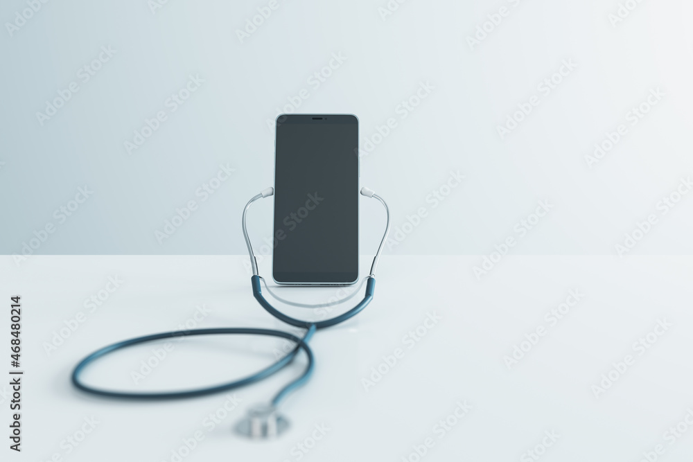 Aufkleber Close up of abstract creative blank smartphone screen with stethoscope on light background with mock up place. Online medicine, ask a doctor concept. 3D Rendering.
