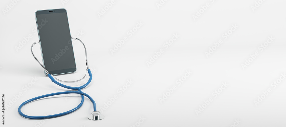 Poster close up of abstract empty smartphone screen with stethoscope on light wide panoramic background wit