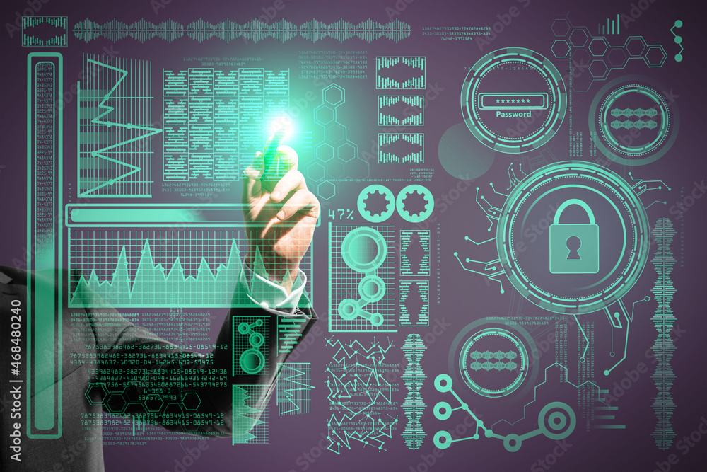 Poster man hand using abstract digital business interface on dark background. communication, hud, science a