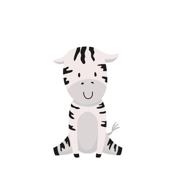 Cute baby zebra character. Wildland forest animal for kid room poster. Childish print. Vector cartoon illustration isolated on white background.
