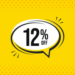 12% off. Discount vector emblem for sales, labels, promotions, offers, stickers, banners, tags and web stickers. New offer. Discount emblem in black and white colors on yello