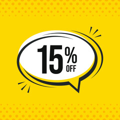 15% off. Discount vector emblem for sales, labels, promotions, offers, stickers, banners, tags and web stickers. New offer. Discount emblem in black and white colors on yello