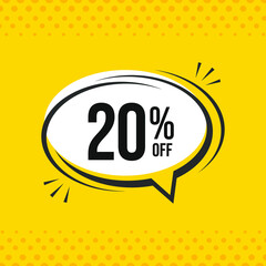 20% off. Discount vector emblem for sales, labels, promotions, offers, stickers, banners, tags and web stickers. New offer. Discount emblem in black and white colors on yello