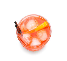 Glass of negroni cocktail with straws and lemon slices on white background