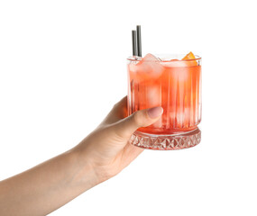 Woman holding glass of negroni cocktail on white background