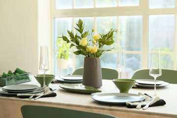 Beautiful table setting for wedding celebration in restaurant