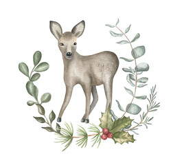 Watercolor illustration of a fawn. Christmas card.