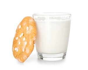 Tasty cookie with chocolate chips and glass of milk on white background