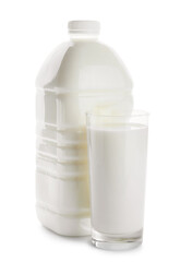 Gallon bottle and glass of milk on white background