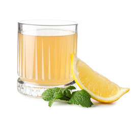 Glass of fresh kombucha with lemon on white background