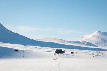 An emergency hut in the snow along Kungsleden trail between Salka and Kebnekaise, early April 2021