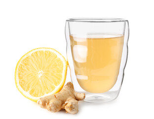 Glass of tasty kombucha with lemon and ginger on white background