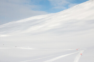 Tiny skiers on their way to Tjaktja pass, Kungsleden trail between Abisko and Nikkaluokta, April 2021