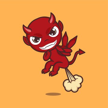 cute cartoon devil thrown by fart. vector illustration for mascot logo or sticker