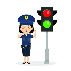 Happy Cute Girl Wearing Police Uniform Stand Beside Traffic Lamp