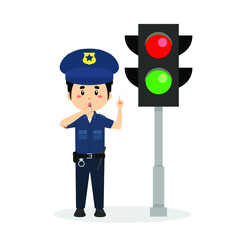 Happy Cute Boy Wearing Police Uniform Stand Beside Traffic Lamp