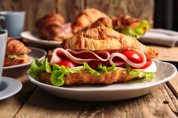 Plate with delicious croissant sandwiches on wooden background