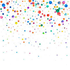 Watercolor confetti on white background. Adorable rainbow colored dots. Happy celebration square colorful bright card. Bewitching hand painted confetti.