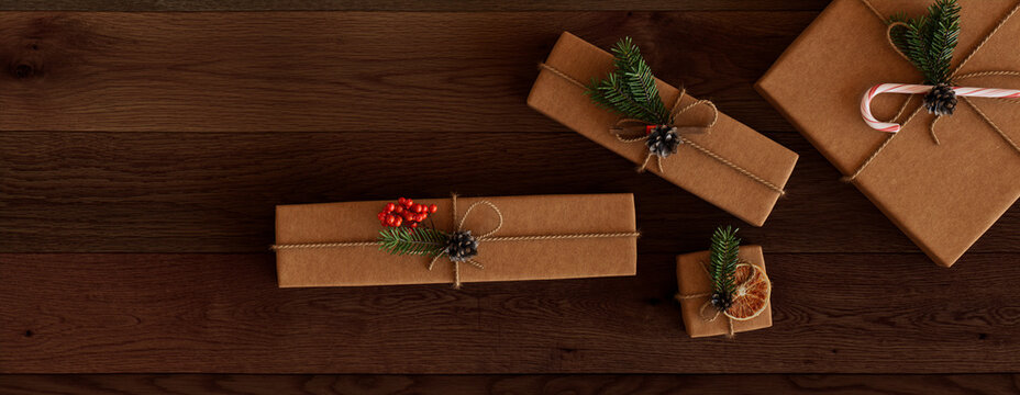 Wrapped Gifts with Eco-Friendly Decorations. Seasonal Background.