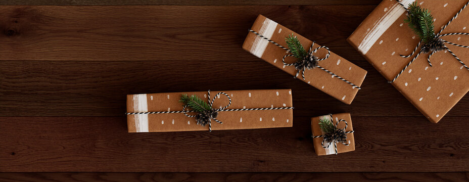 Wrapped Gifts with Homemade Decorations. Seasonal Background.