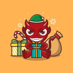 cute cartoon devil with christmas. vector illustration for mascot logo or sticker