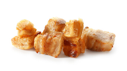 Heap of tasty cracklings on white background