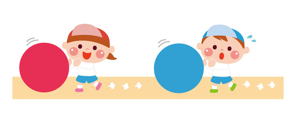 Obraz premium 運動会で大玉転がしをする子どものイラスト素材