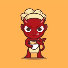 cute cartoon devil baking a cake. vector illustration for mascot logo or sticker