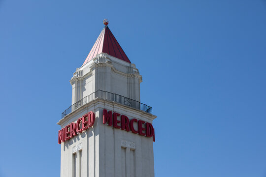 Merced, California, USA - July 15, 2021: Sunlight shines on the historic Merced Theater.
